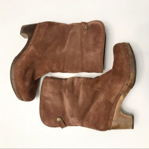 ugg | lynnea shearling cuff suede wooden heel platform boot cognac brown 8 - Picture 3 of 8